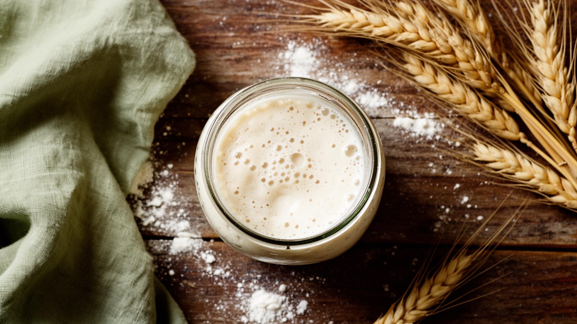 A starter of bubbly sourdough starter beside wheat stalks on a wooden table
